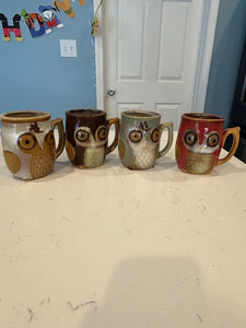 Set of 4 owl mugs Small manufacture error in white mug, spot is secure and glazed