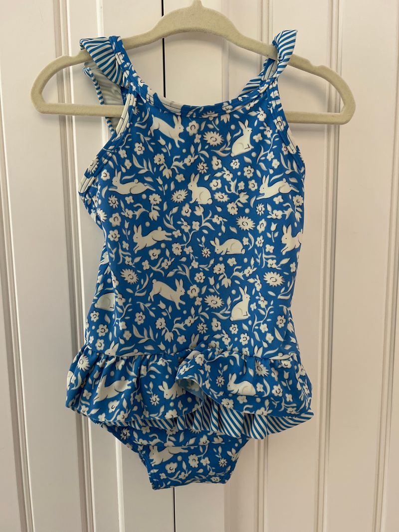 Baby Boden 12-18 month blue one piece swimsuit Blue one piece swim suit with rabbit and floral print 12 Months