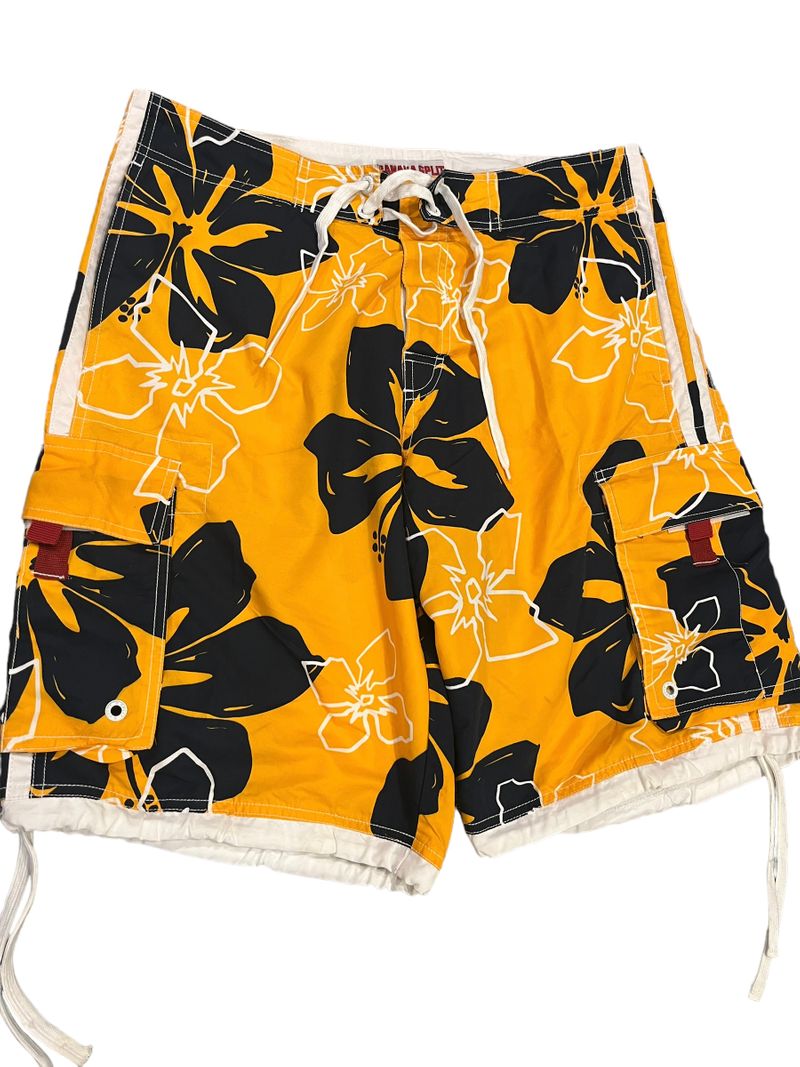 Banana Split, yellow navy Hawaiian swim trunks  Men's - XL