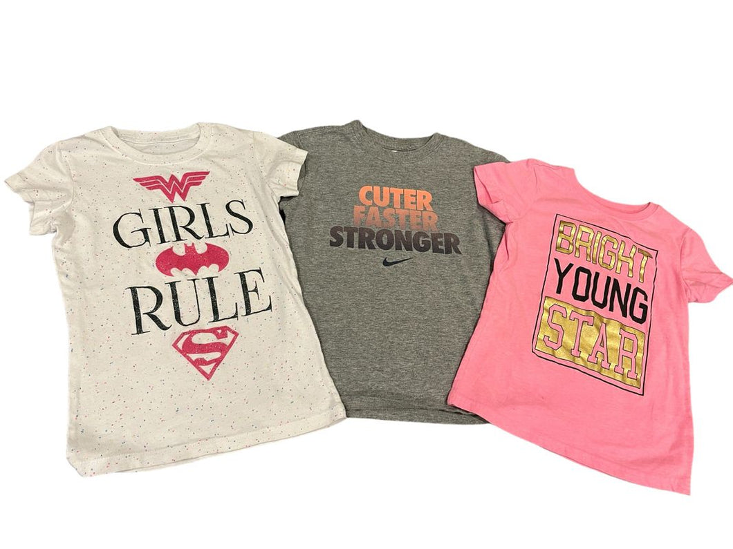 Three shirts, S 6, Nike grey, Super hero Girls Rule, pink Bright Young Star 6