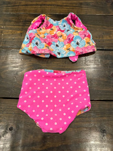 Oh So Ellies 2pc Reversible Hot pink dot and floral swimsuit 18 Months