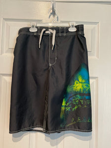 Old Navy Black swim trunks with green and blue palm tree on left leg 16