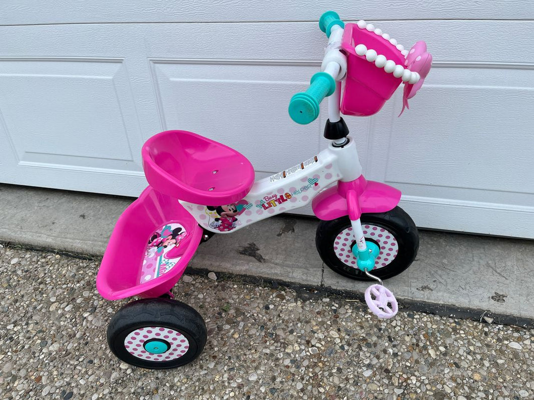 Disney Minnie Mouse pink Busy Little Helpers Trike with basket on front Ride-On Toy