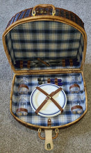 Load image into Gallery viewer, Picnic Basket Only used a few times Blue and brown woven picnic basket with everything inside.
