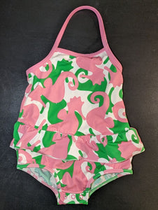 Lands End Girls Pink & Green Seahorse swim suit Bathing suit w ruffle at waist, halter top, snap bottom 12 Months