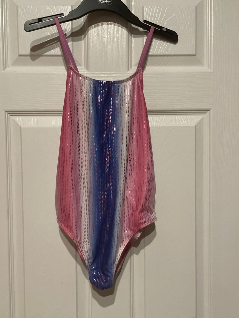 Crazy Eight Pink/Blue/white one piece swimsuit w/spaghetti straps 14