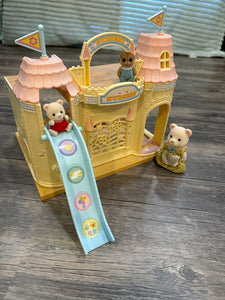 Calico Critters Baby Nursery Castle and 3 critters EUC. Has a slide, teeter totter, and swing. Dolls and Accessories