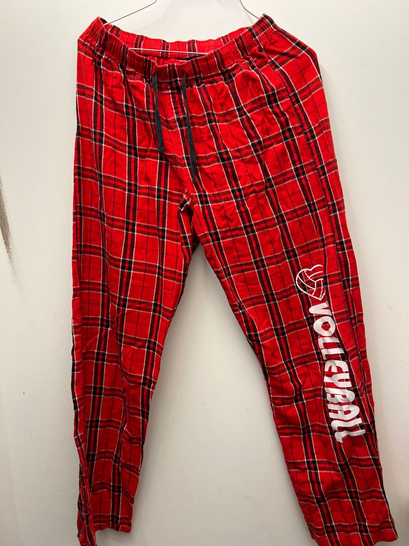 Red black plaid volleyball flannel pants Red black plaid with volleyball writing on the side 14