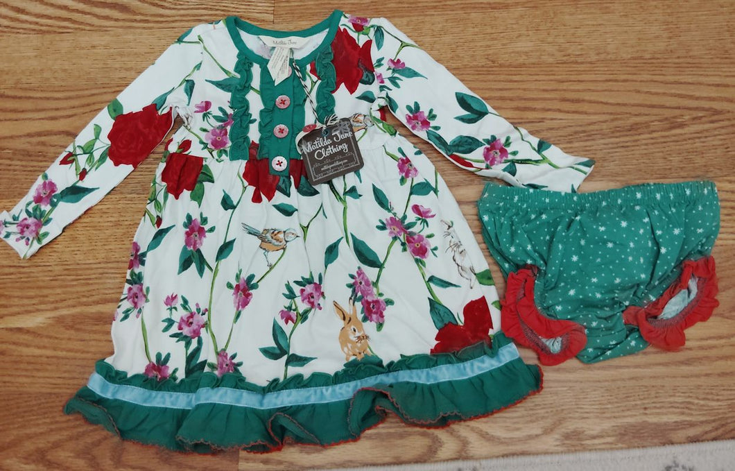 Matilda Jane NWT 12-18 mth dress floral, bird, bunny print with green bloomers 12 Months