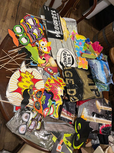 Photo back drops and props, masks, signs Halloween crime VIP red carpet superhero beach Hawaiian