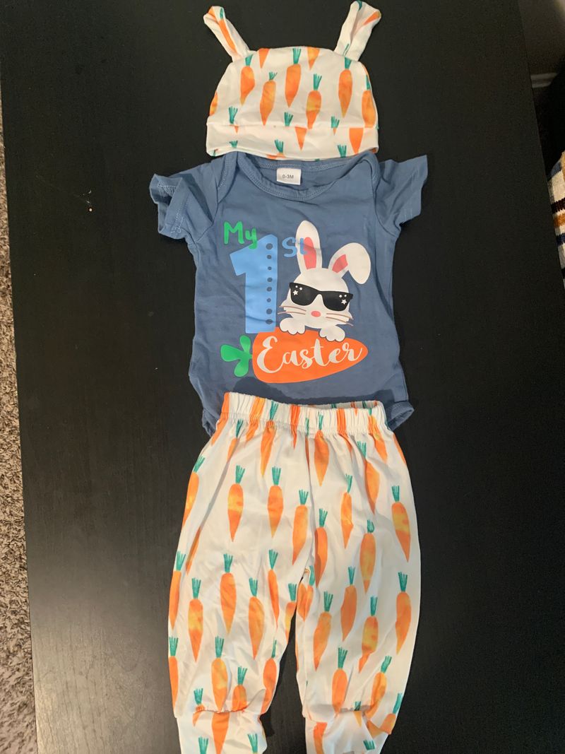 0-3 months My First Easter outfit Short sleeve bodysuit, pants, and hat with ears 3 Months