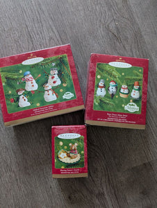 Hallmark, 9 Christmas ornaments 8 Mitford snowmen and 1 Sharing Snacks mouse