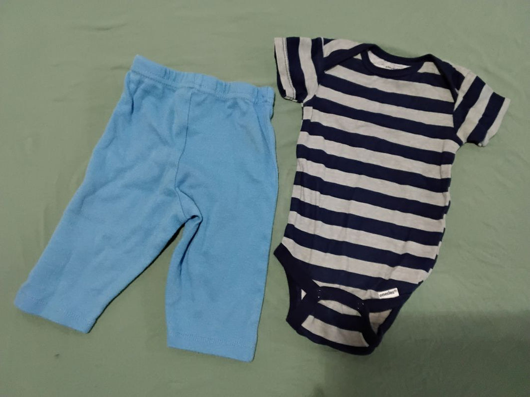 1 outfit-size 0-3mo blue pants and dark blue/gray stripped onesie Newborn