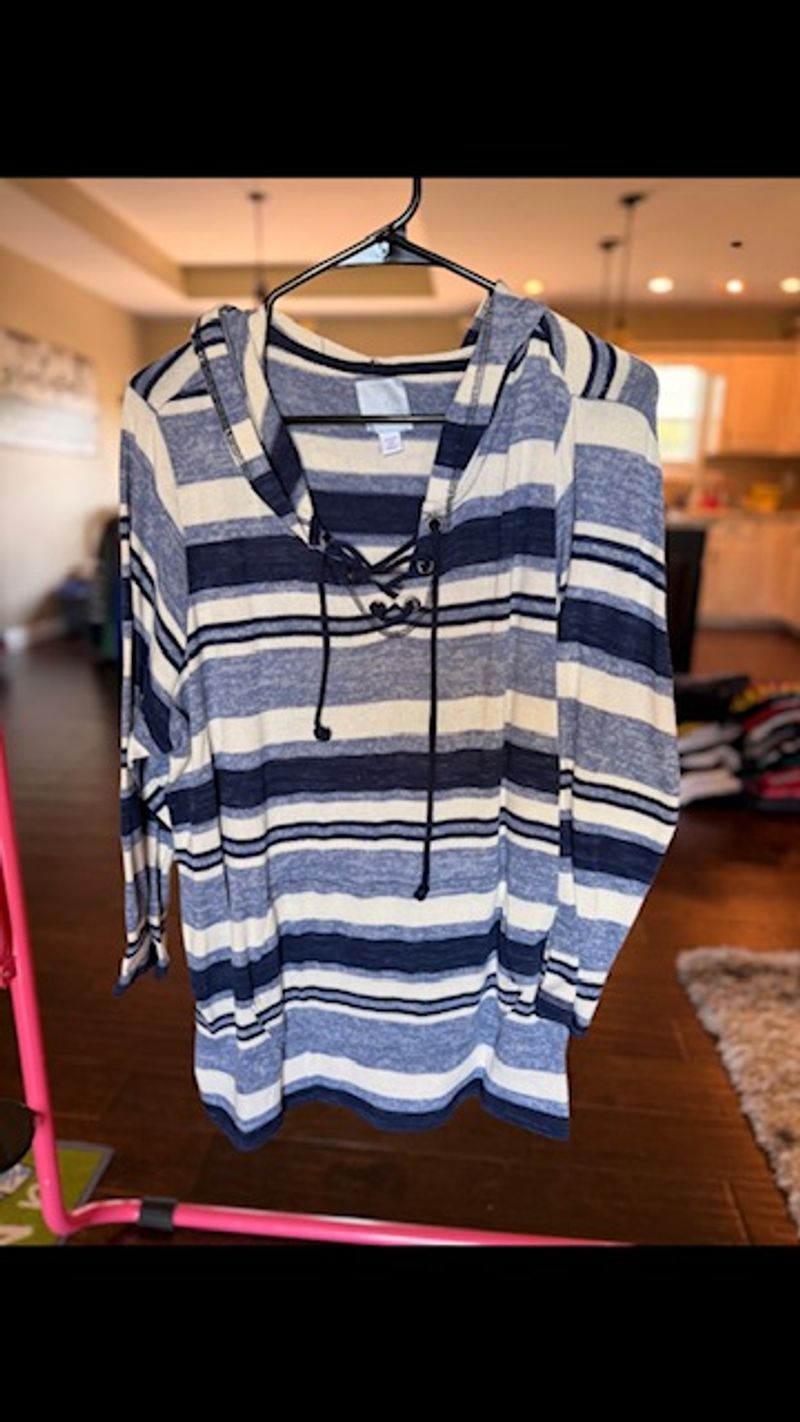 . navy striped hooded sweater Women's - XXL