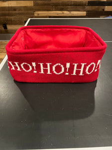red sweater material basket with white HO! 12 inches long collapsable Christmas basket