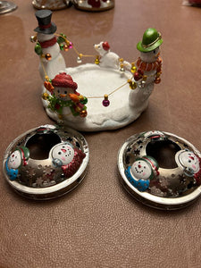 Yankee Candle Snow man candle holder and two lid toppers