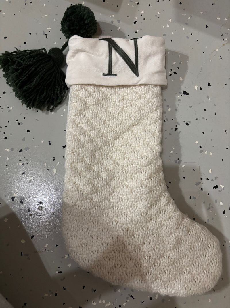 Christmas stocking jc penny North Pole trading co stocking with N green and cream