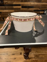 Load image into Gallery viewer, white 15 in diameter bucket with handles large white metal drink or other bucket w/santa ribbon &amp; bows
