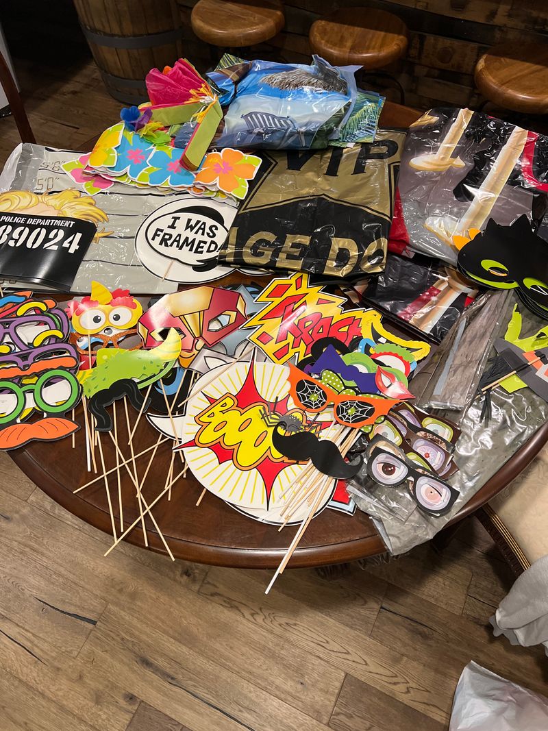 Photo back drops and props, masks, signs Halloween crime VIP red carpet superhero beach Hawaiian