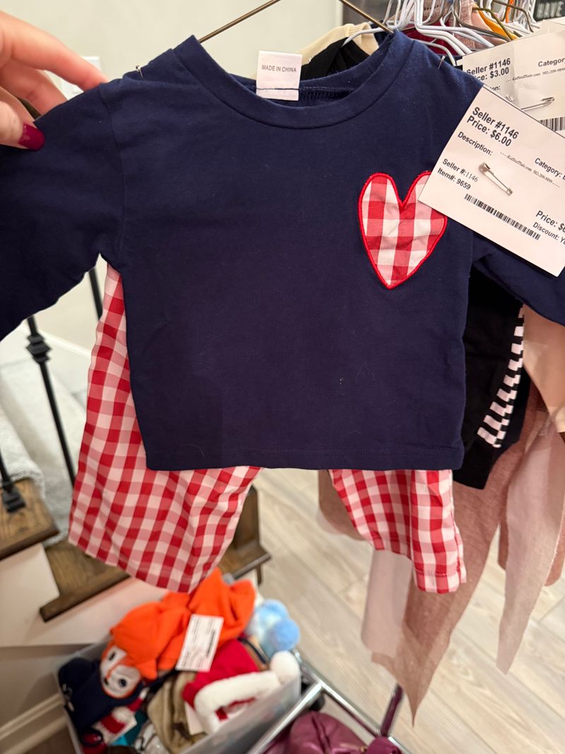 Boutique 2 pc valentines outfit Unisex navy top and red gingham pants 12 Months
