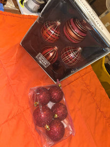 Christmas Red Glitter Ornaments Red and Brown Ornaments in Box