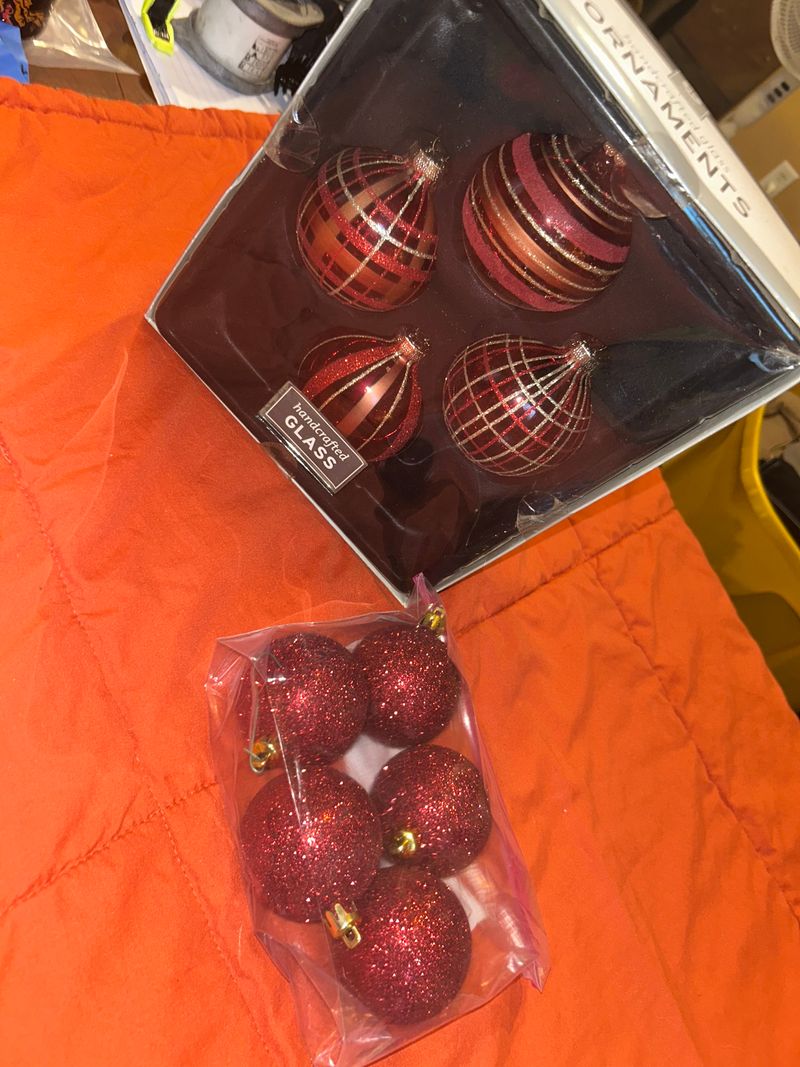 Christmas Red Glitter Ornaments Red and Brown Ornaments in Box