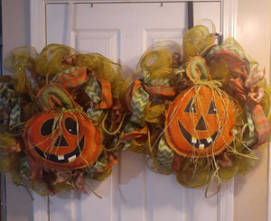 Halloween wreaths - Qty 2 approx. 20x24, tulle, ribbon, rope, Pumpkin - needs rearranging