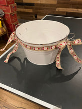 Load image into Gallery viewer, white 15 in diameter bucket with handles large white metal drink or other bucket w/santa ribbon &amp; bows
