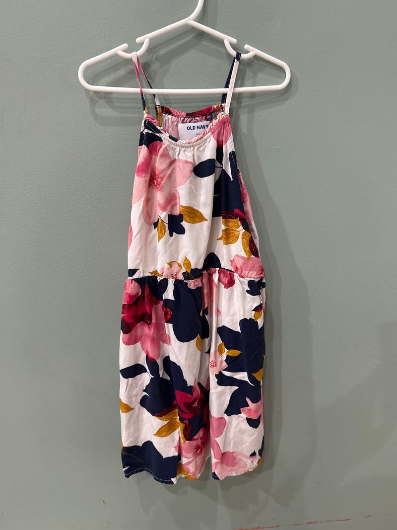 Old Navy Size 6/7 White Dress with Blie Pink and Gold Flowers 6