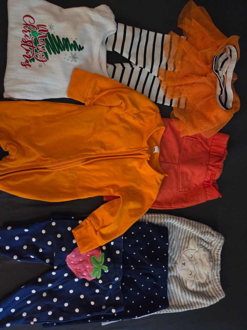 0-3month pants/orange sleeper/3-6 month Christmas 5 pants 1 sleeper and 1 christmas onesies 3 Months