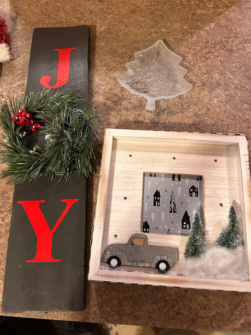 Christmas lot Wooded Joy sign, glass Christmas Tree plate, wooded tree frame