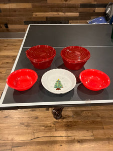 Serving containers red and Christmas tree Two lrg bowls with lids, two bowls, one pie plate