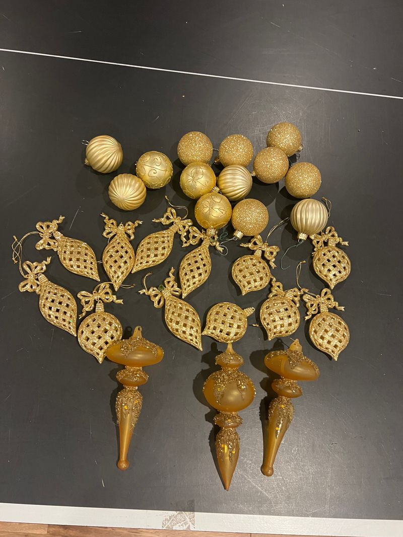 assorted sizes and shape Gold Christmas ornaments lots of gold ornaments