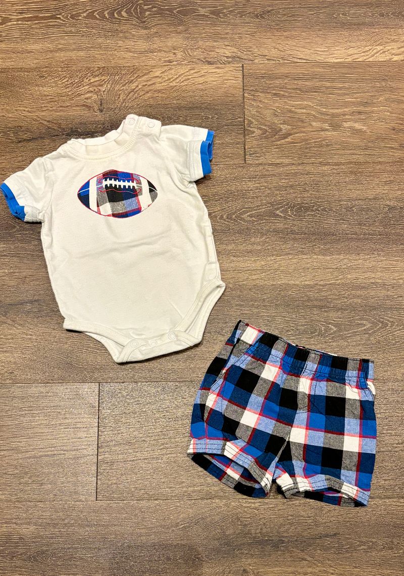 0-3m blue plaid shorts and football onesie  Newborn
