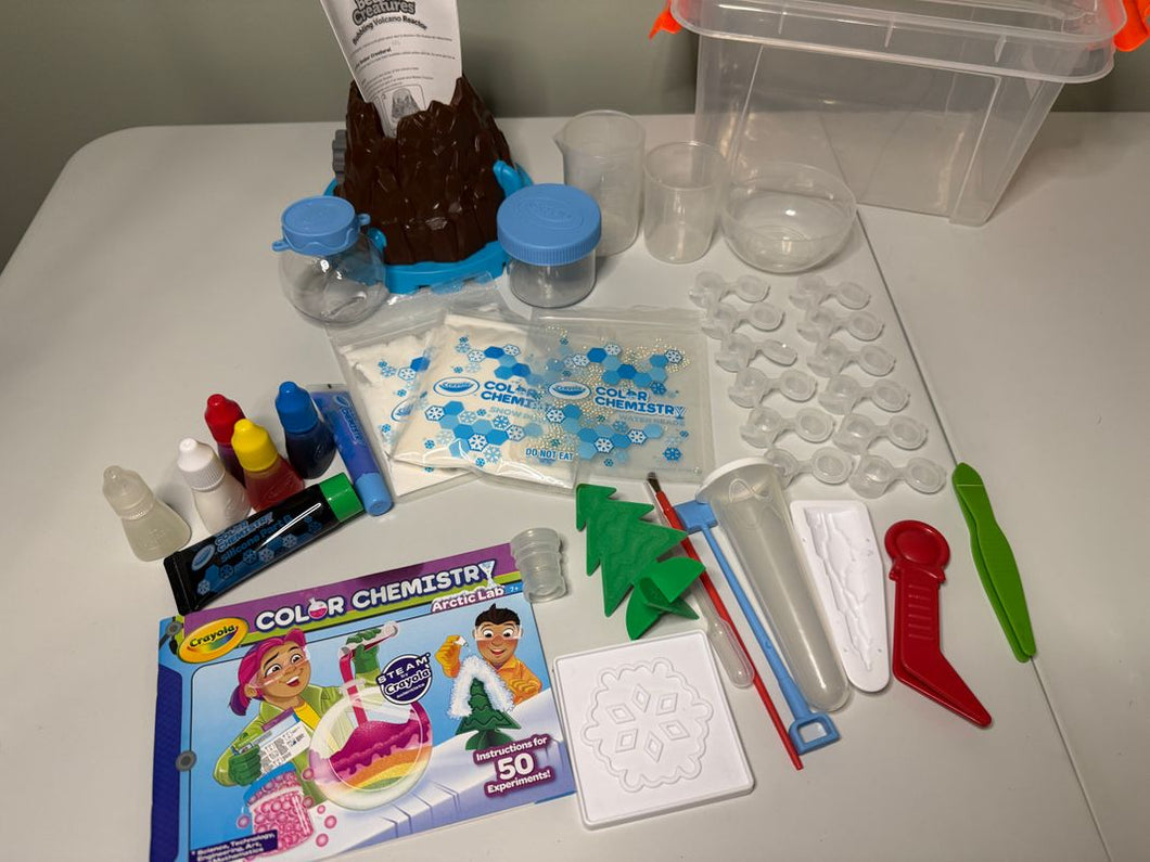 2 science kits with container inc Learn Resource Volcano and Crayola Color Artic Lab -2 experiments done LOTS left Educational