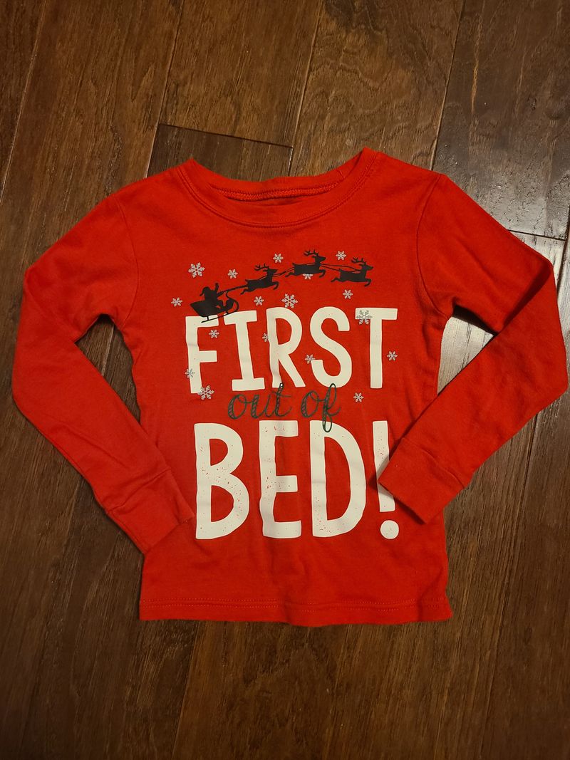 Carters, size 5, WTR, long sleeved cotton, pajama Christmas top, red, Santa and reindeer, First Out of Bed 5T