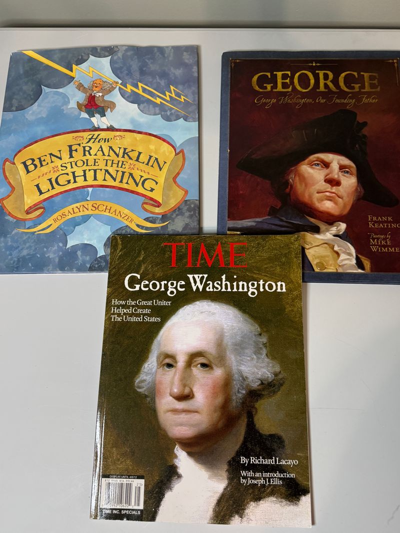 3 social studies books 2 HB picture books Washington and Ben Franklin and time Washington Book-Non-Fiction