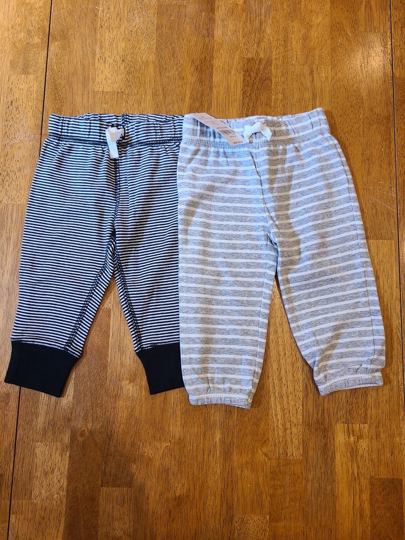 Carters NWT two piece pants, elastic waistband, non-functional drawstring, gray and black/white stripes 6 Months