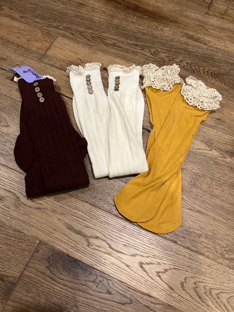 Three pairs of boot socks Maroon,cream and yellow with lace