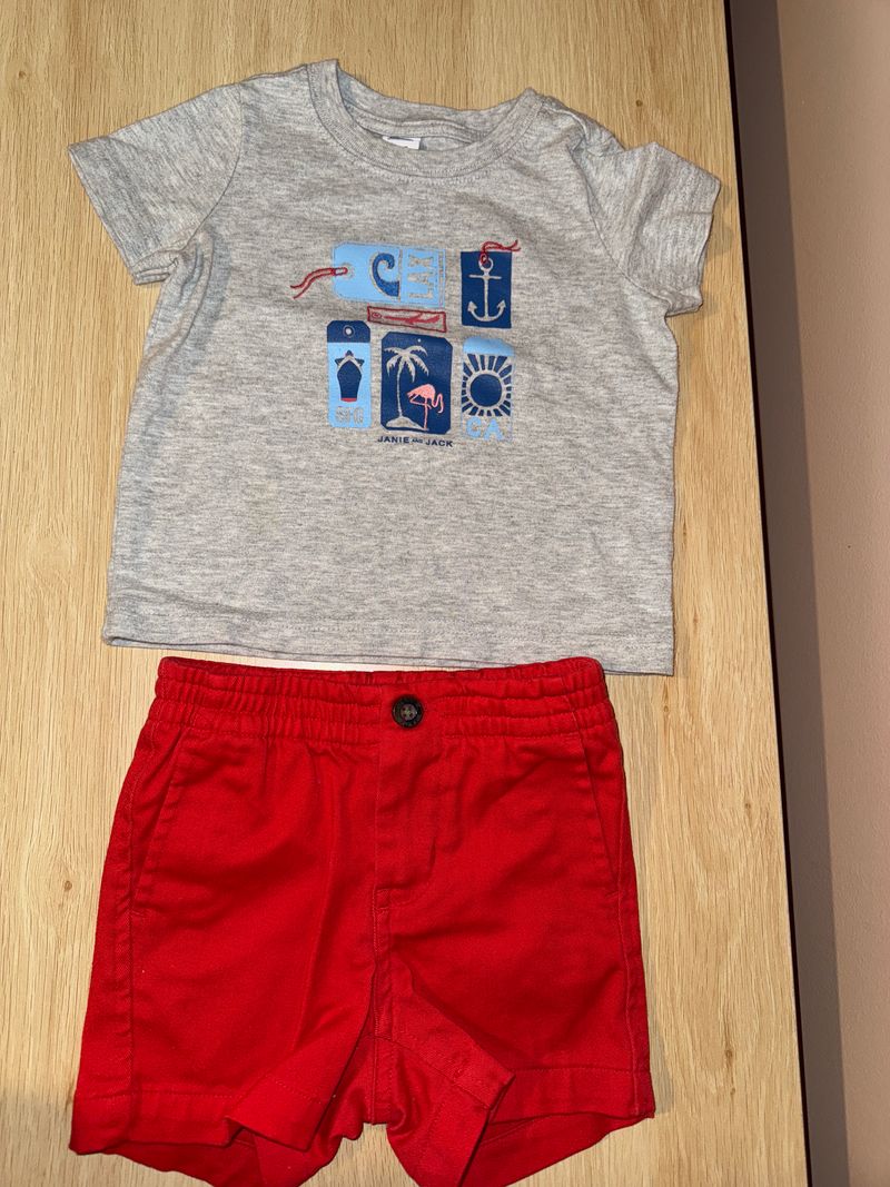 Janie and Jack Size 3-6. grey tshirt with red button shorts 6 Months