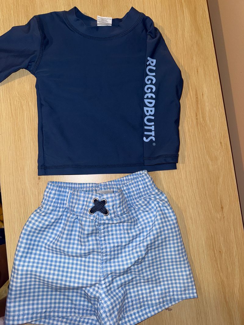 Rugged Butts size 6-12 navy swim top and blue plaid swim shorts 9 Months