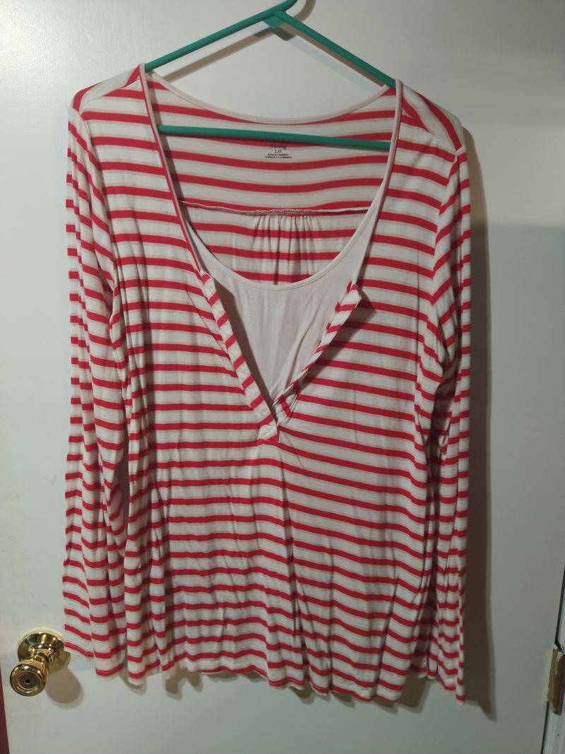 Motherhood maternity-nursing shirt Red and white, v neck collar Women's Large 12-14