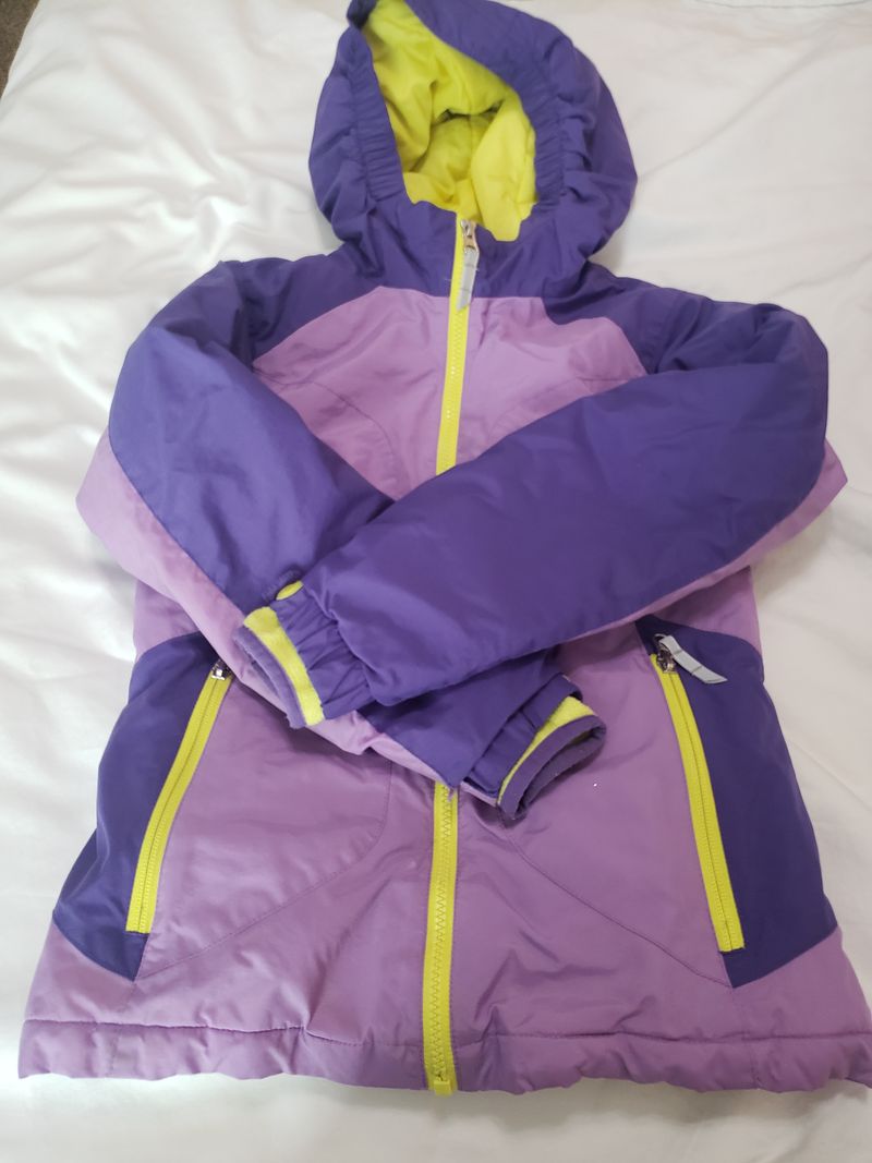 Lands End S 7-8 Winter Jacket Purple with yellow accent winter jacket with hood and zip pockets 7