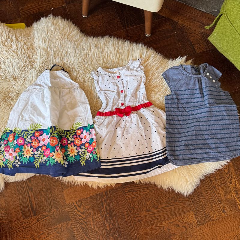3 dresses. Chambray nautica 24mo, Gymboree polka dot is 2t and floral dress is 18-24 but all fit like 24mo 24 Months