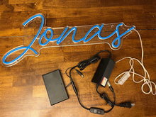 Load image into Gallery viewer, Personalized LED name sign Jonas. Never used. Comes with wall plug and battery pack
