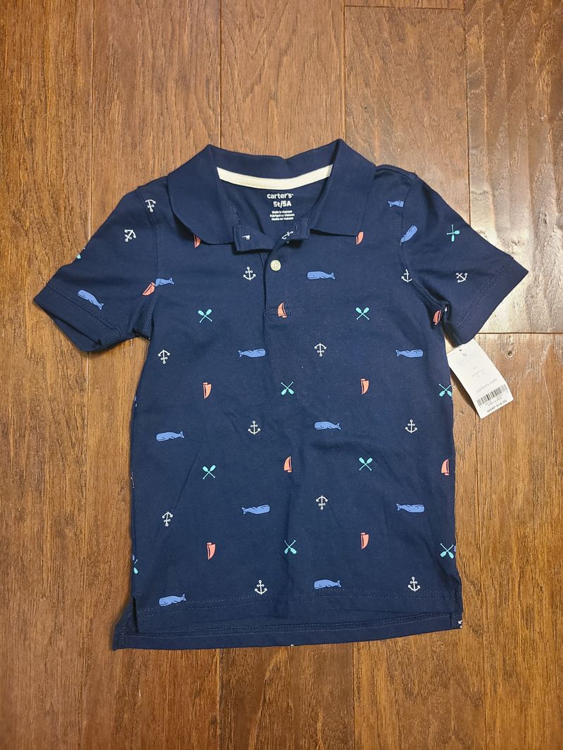 Carters, NWT, SMR, navy blue short sleeve polo ocean print, whales, sailboats, paddles, anchors 5T