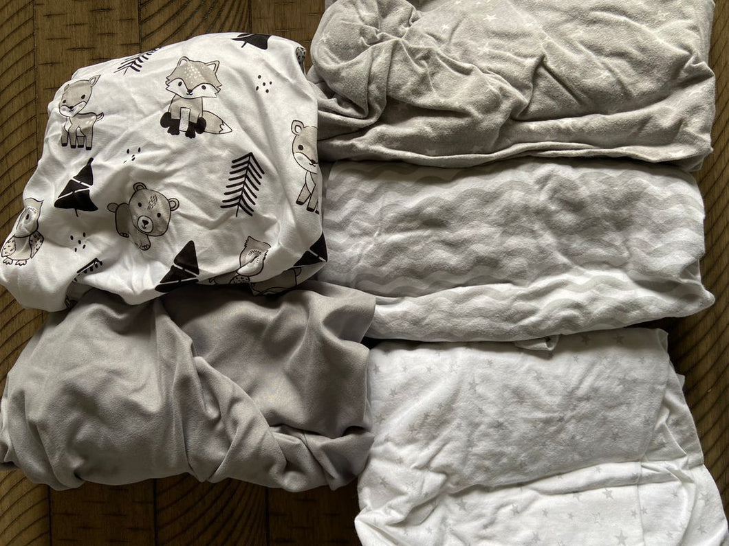 Bundle of 5 standard size crib sheets Gray, black, white. Some cotton jersey, some microfiber. Crib