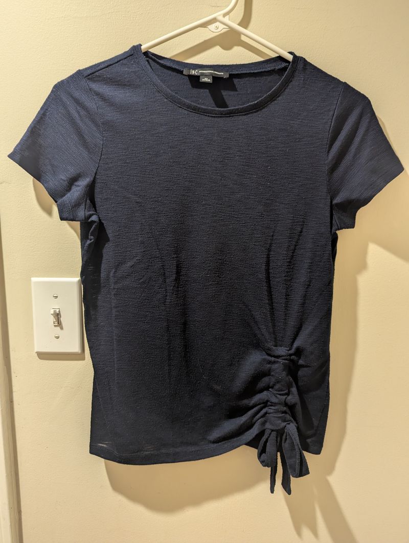 INC petite small navy top with gather and tie at hip Women's - S