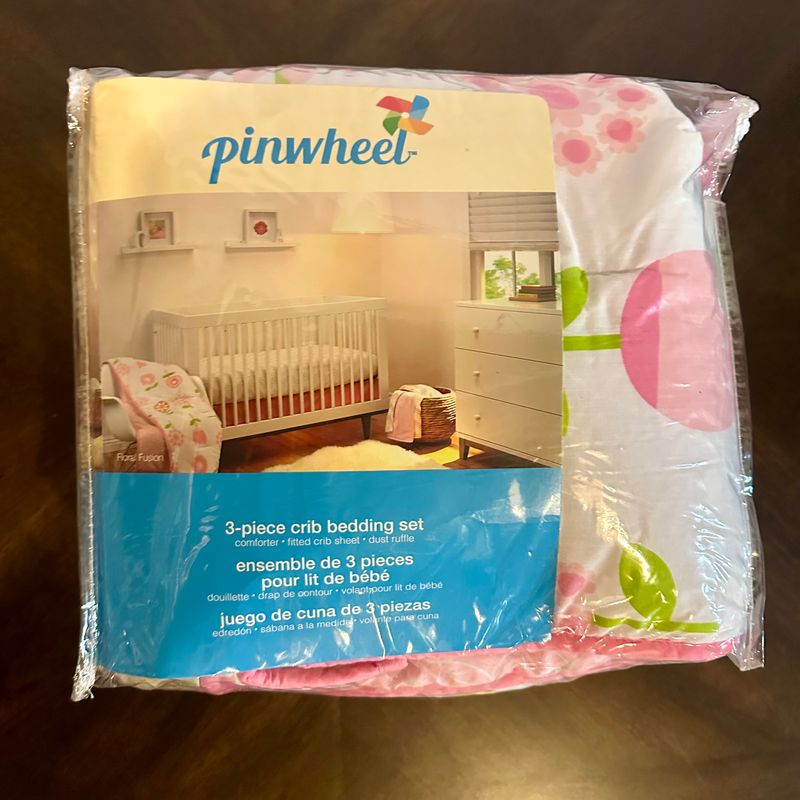 Pinwheel Floral Fusion 3-Piece Crib Bedding Set Floral comforter, fitted crib sheet dots, hot pink dust ruffle Crib