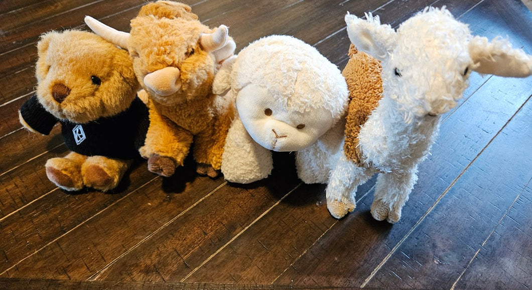 4 gender neutral stuffed animals Bear, longhorn cow, sheep, llama Infant